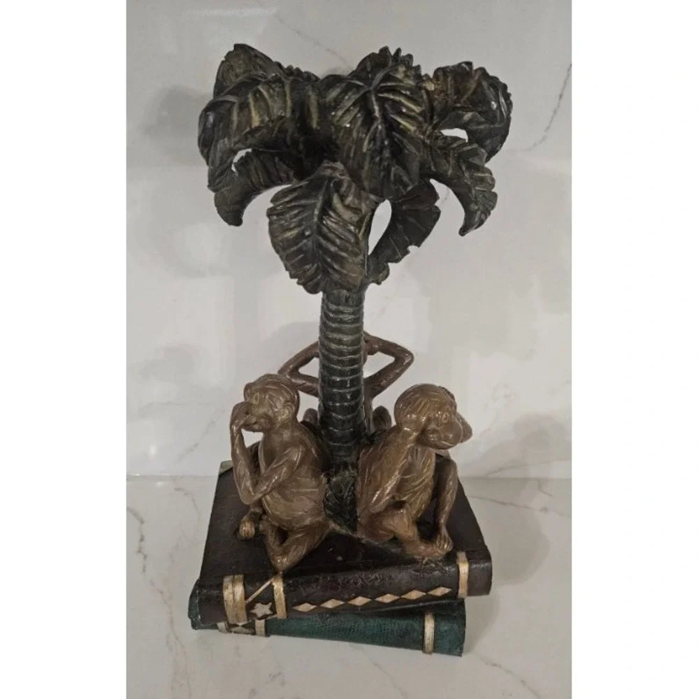 Vintage Style Three Wise Monkeys Palm Tree Resin Candle Holder